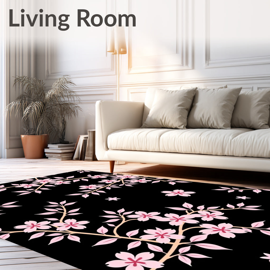 Pink Cherry Blossom Branches Black Rug