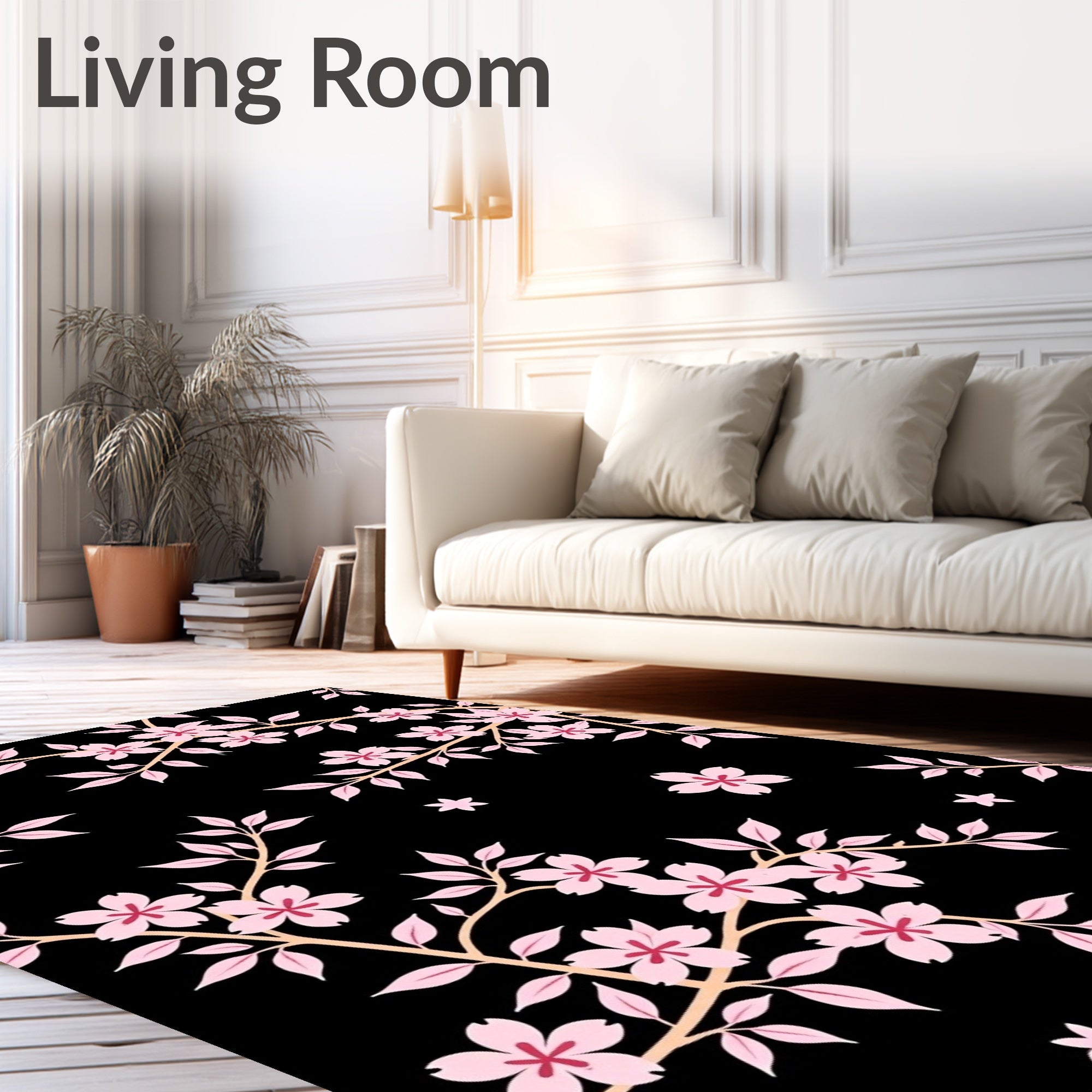 Pink Cherry Blossom Branches Black Rug
