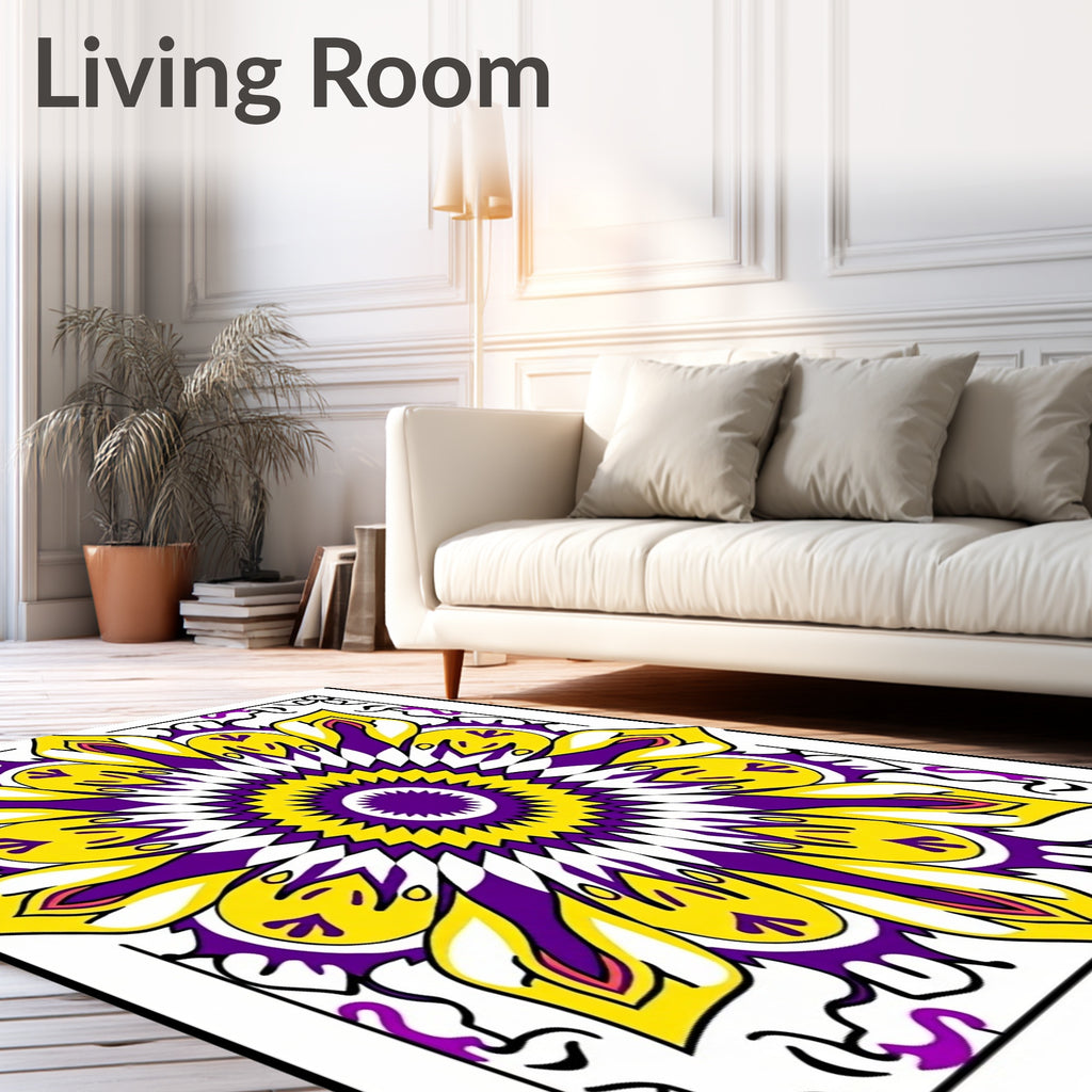 Vibrant Yellow Purple Sunburst Mandala Rug