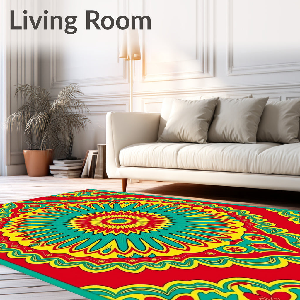 Bright Red Teal Yellow Sunburst Mandala Rug