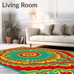 Bright Red Teal Yellow Sunburst Mandala Rug