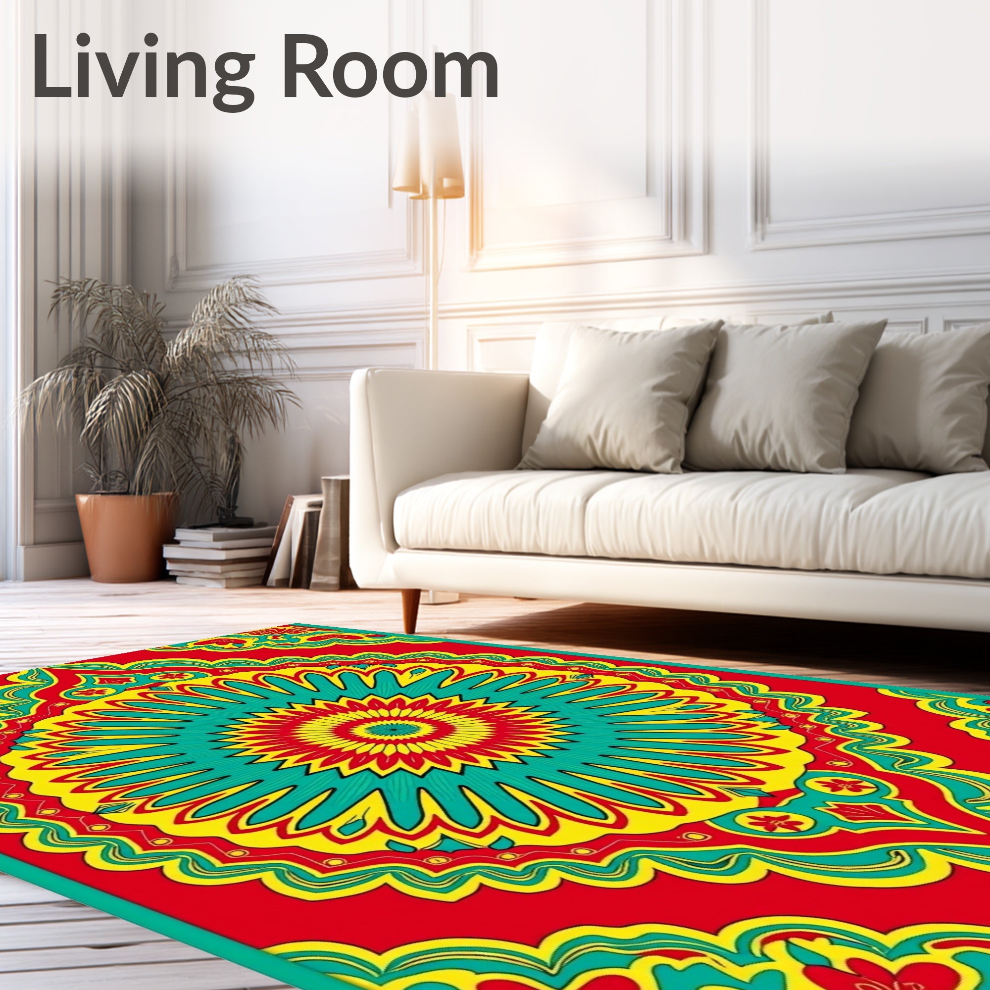 Bright Red Teal Yellow Sunburst Mandala Rug
