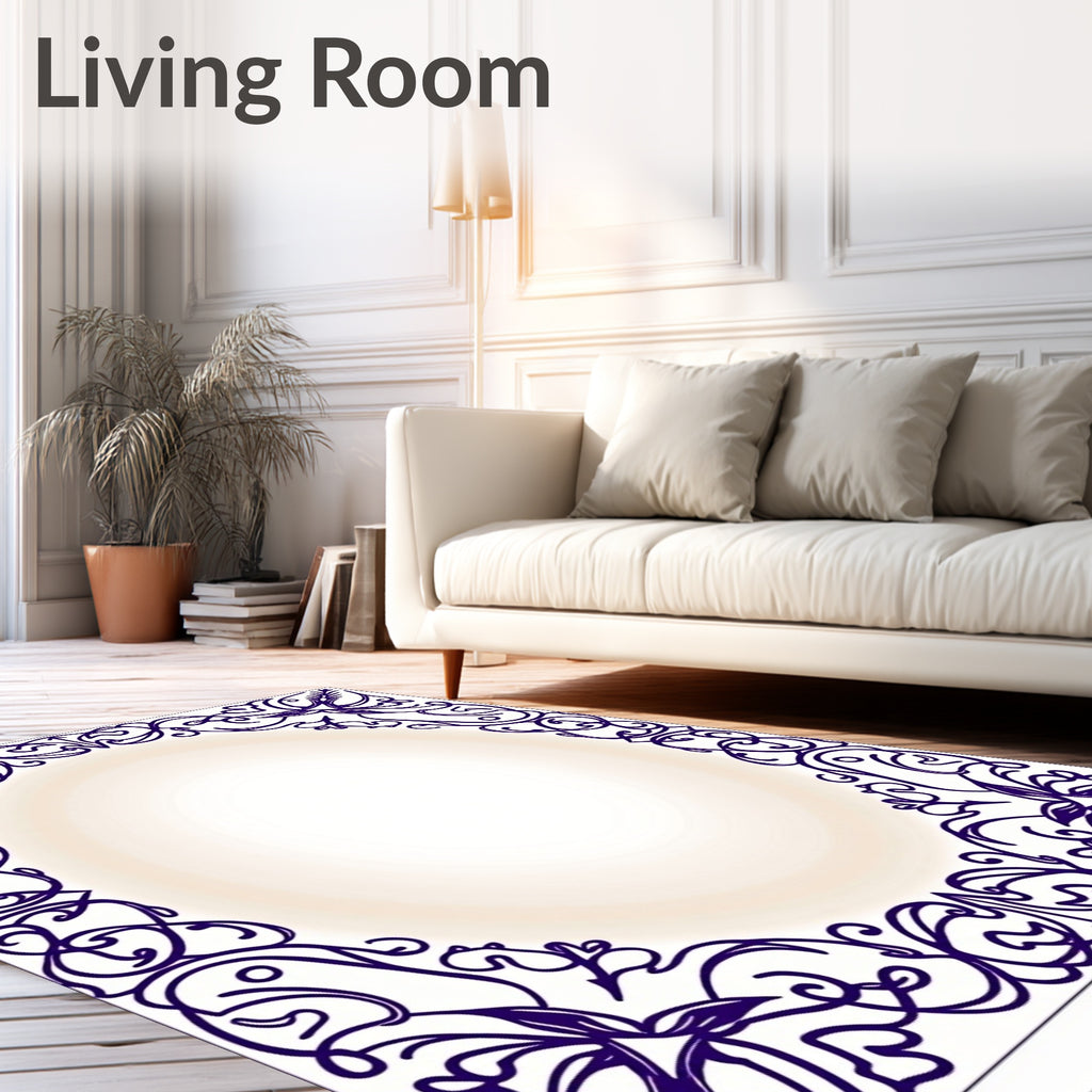 Deep Indigo Art Nouveau Floral Border Rug
