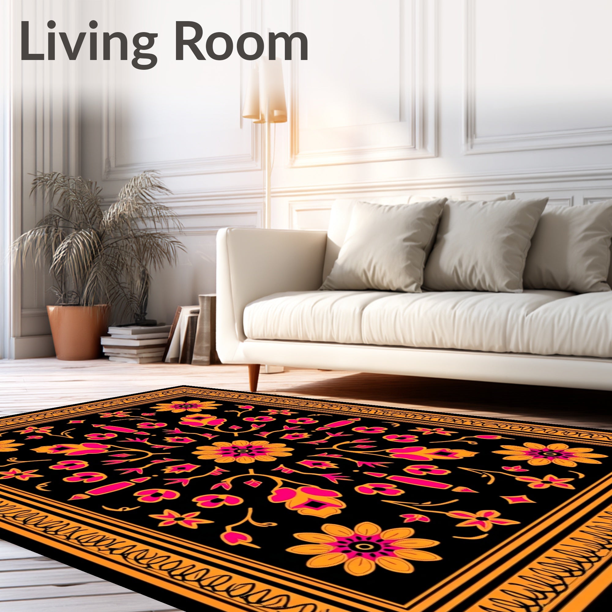 Black Orange Pink Floral Symmetry Rug