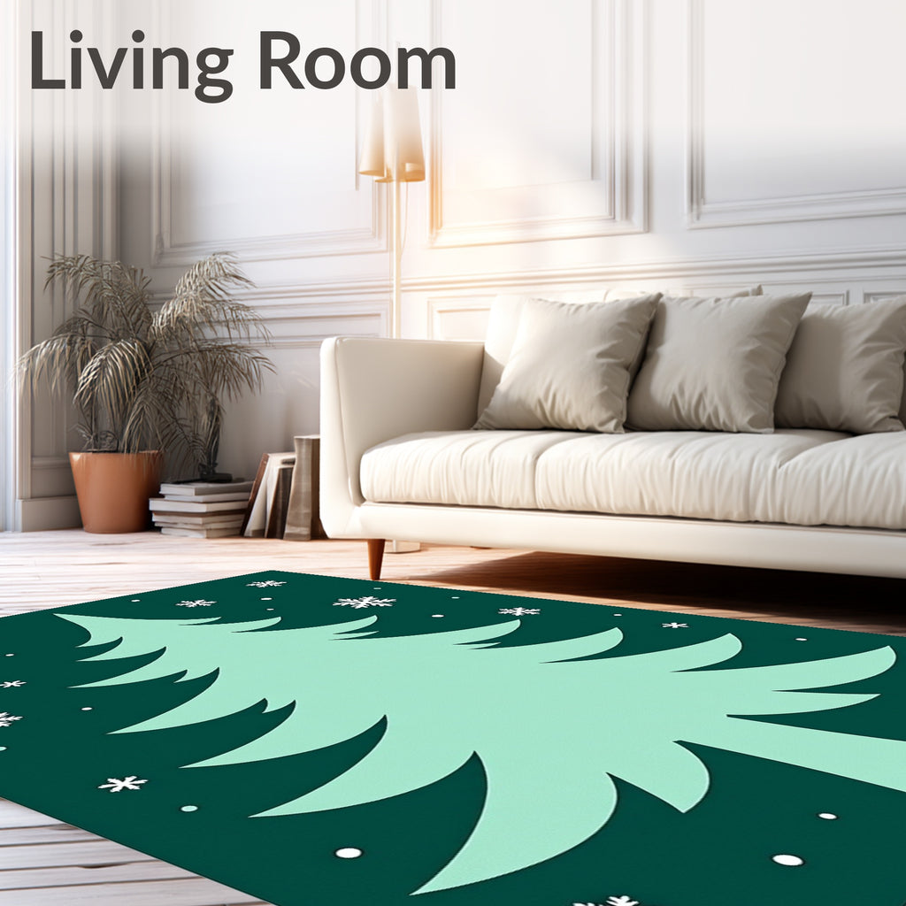 Festive Teal Snowfall Christmas Tree Rug
