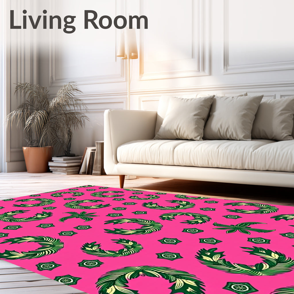 Vibrant Pink Green Leafy Wreath Rug
