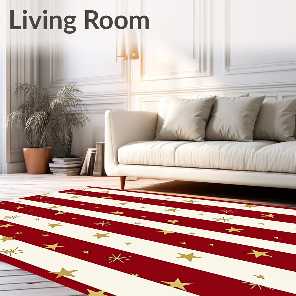 Red Cream Golden Star Stripes Rug