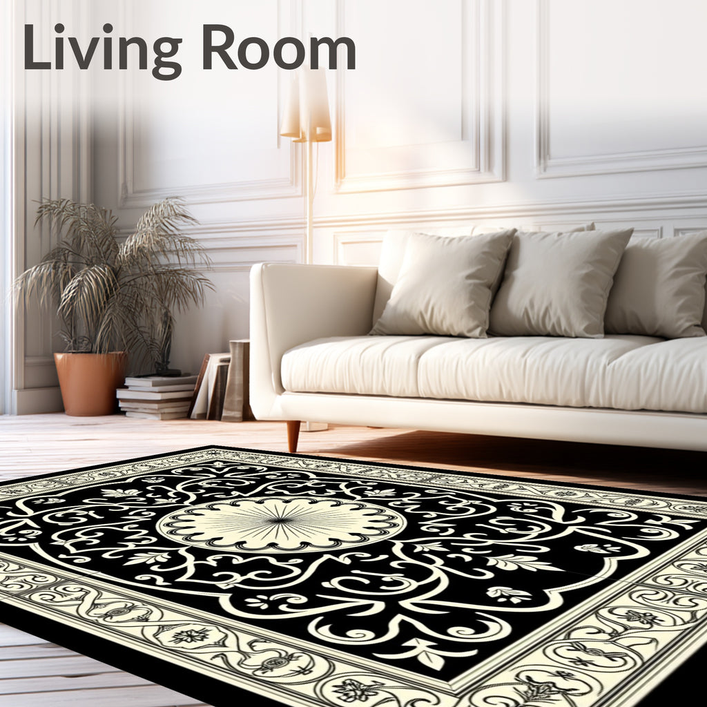 Black Beige Intricate Floral Medallion Rug