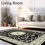Black Beige Intricate Floral Medallion Rug