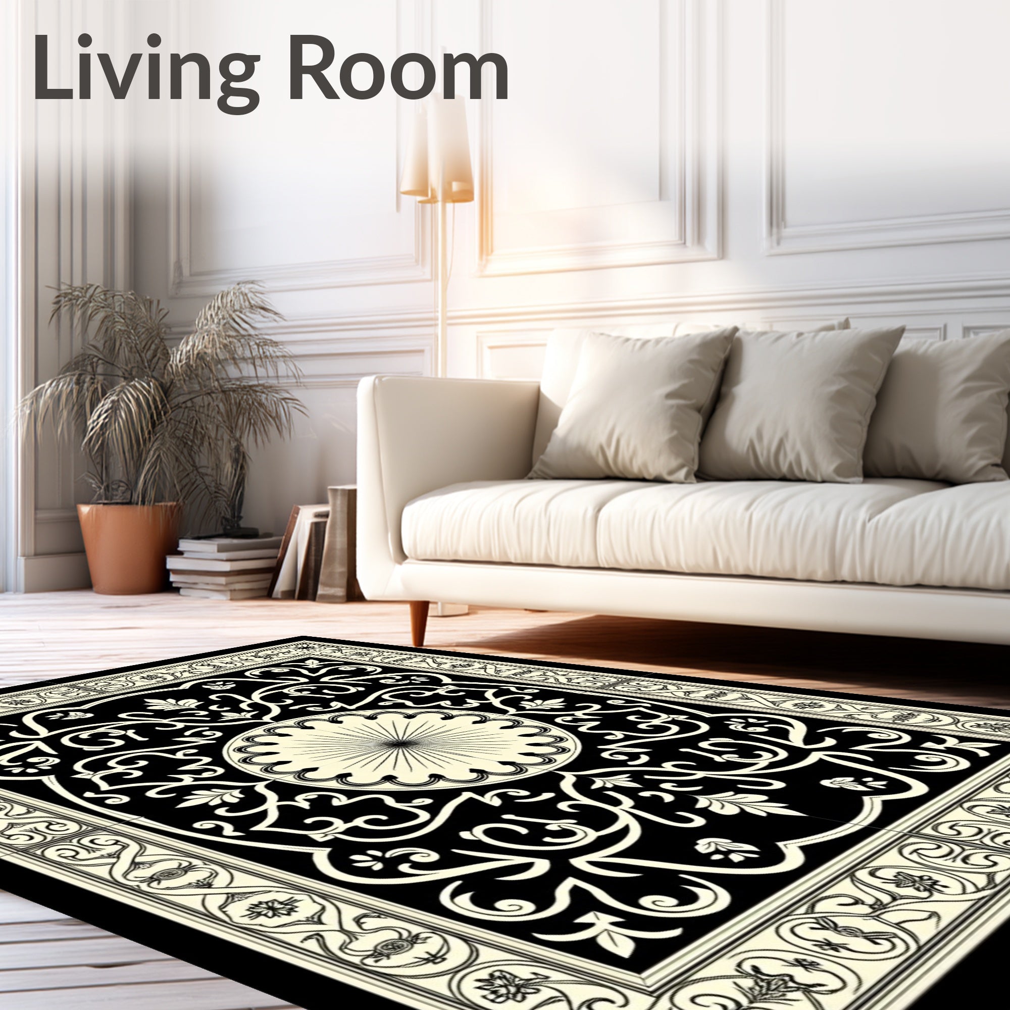 Black Beige Intricate Floral Medallion Rug
