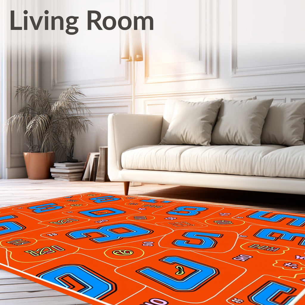 Bold Blue Number Collage on Orange Rug