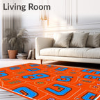 Bold Blue Number Collage on Orange Rug