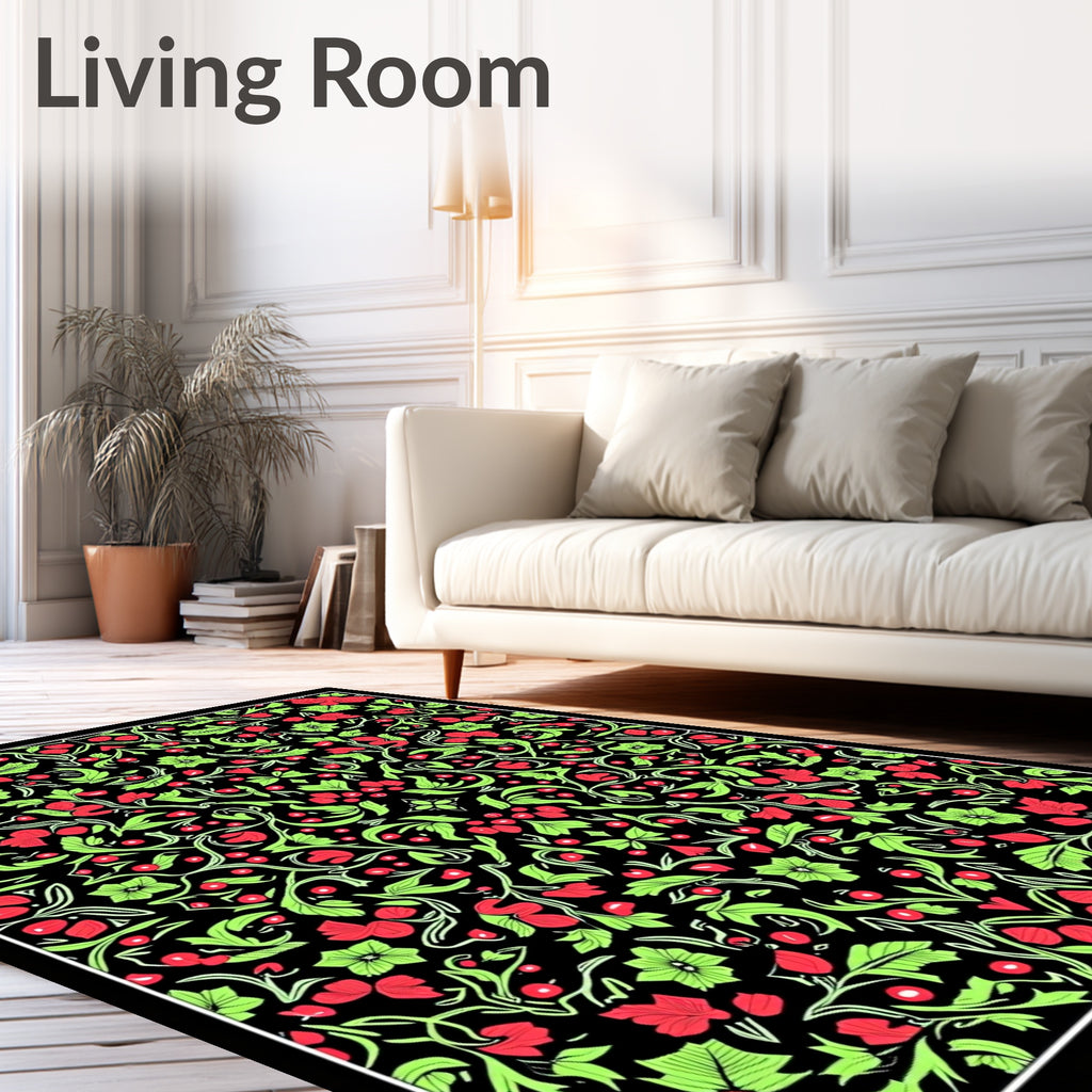 Black Floral Vine Red Berry Rug