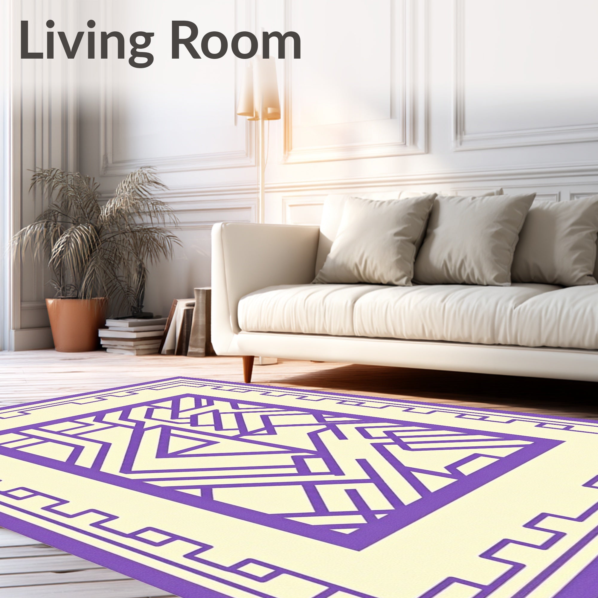 Purple Geometric Maze Cream Border Rug