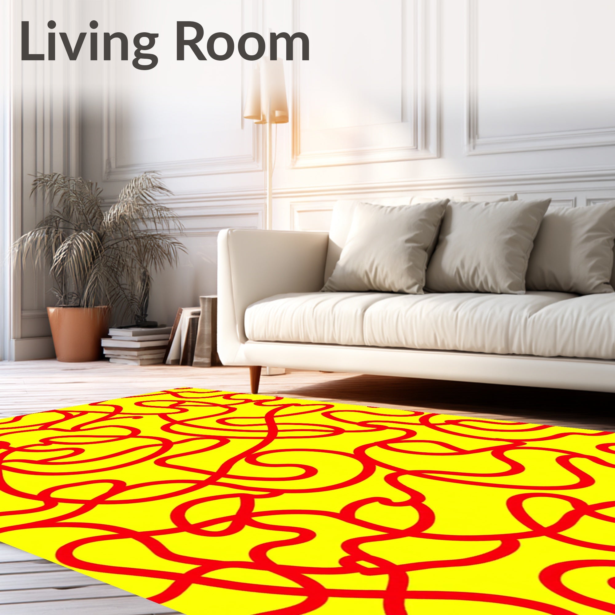 Abstract Red Swirl Yellow Field Rug