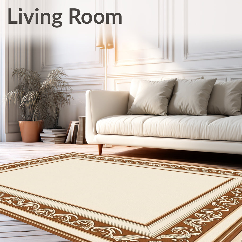 Cream and Brown Ornate Border Rug