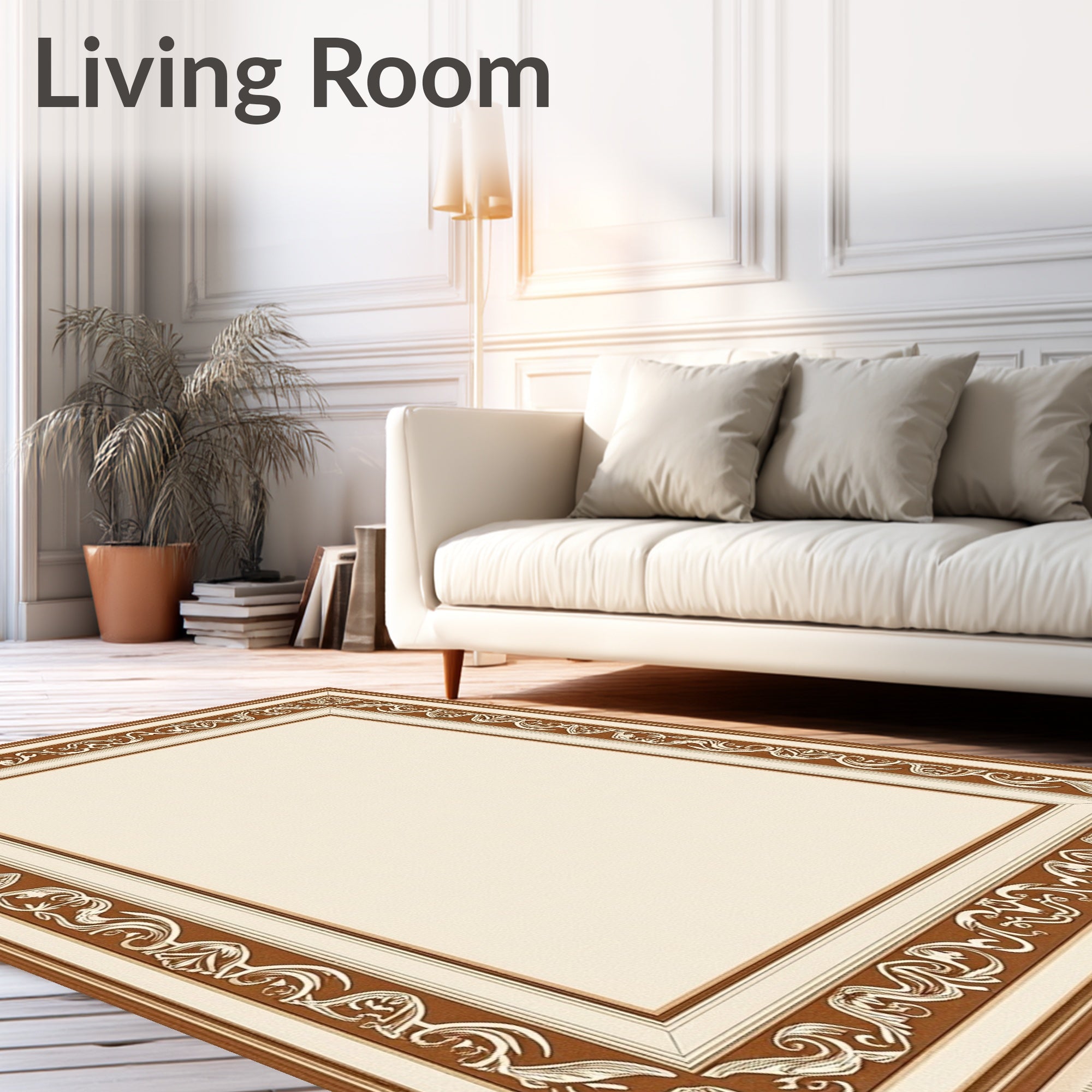 Cream and Brown Ornate Border Rug