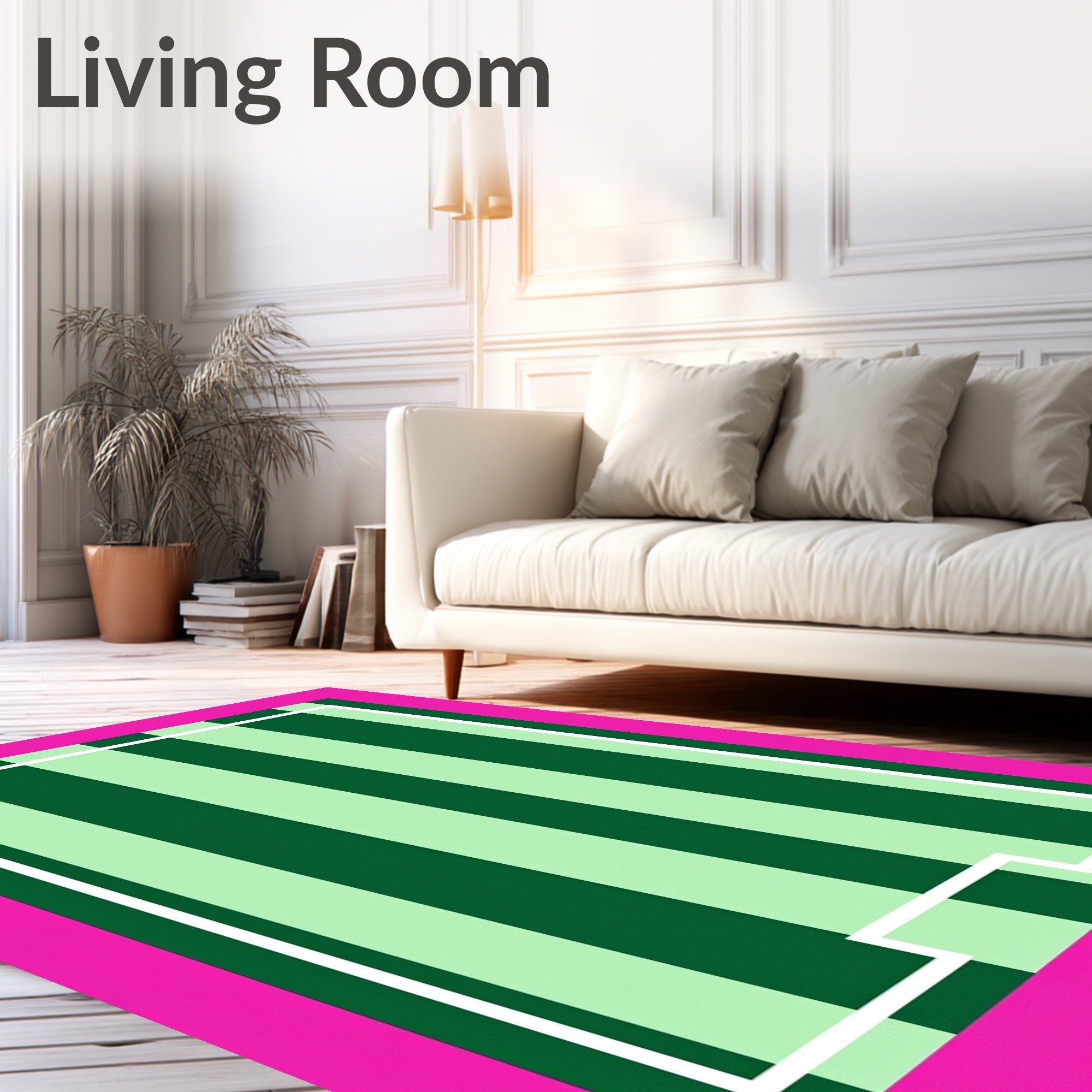 Bright Pink Green Vertical Stripe Border Rug