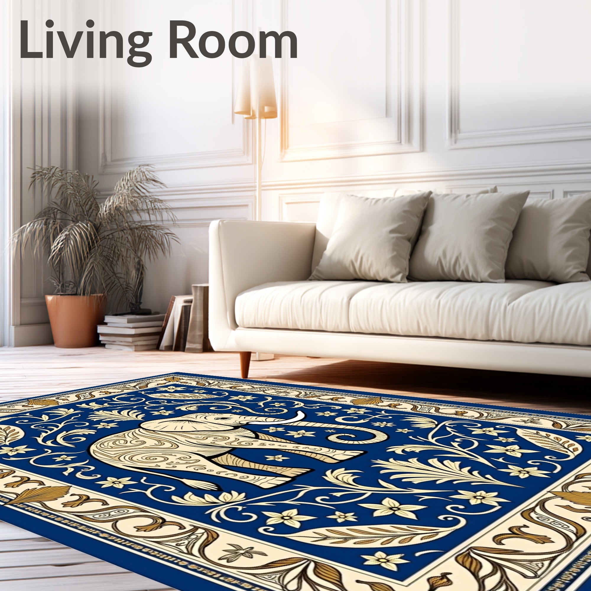 Majestic Elephant Blue Floral Scroll Rug