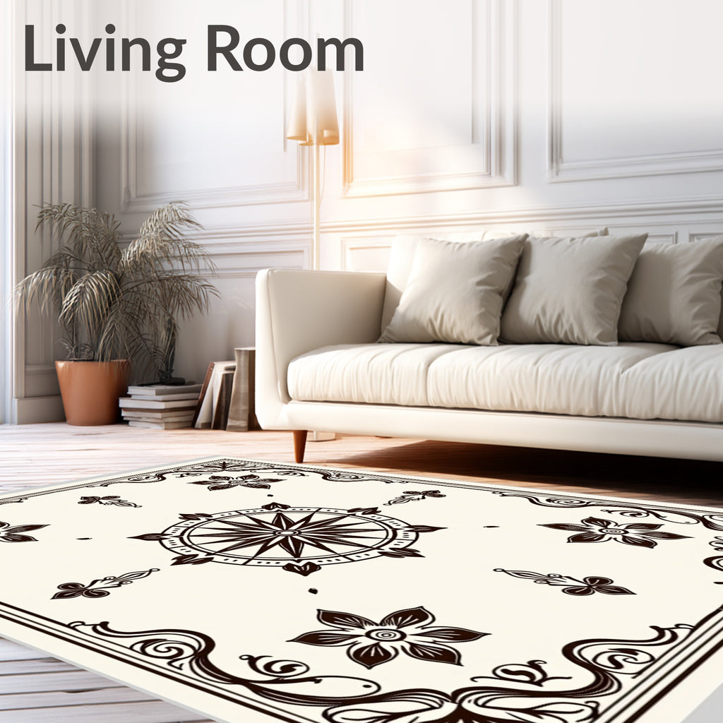 Dark Brown Compass Floral Corner Rug