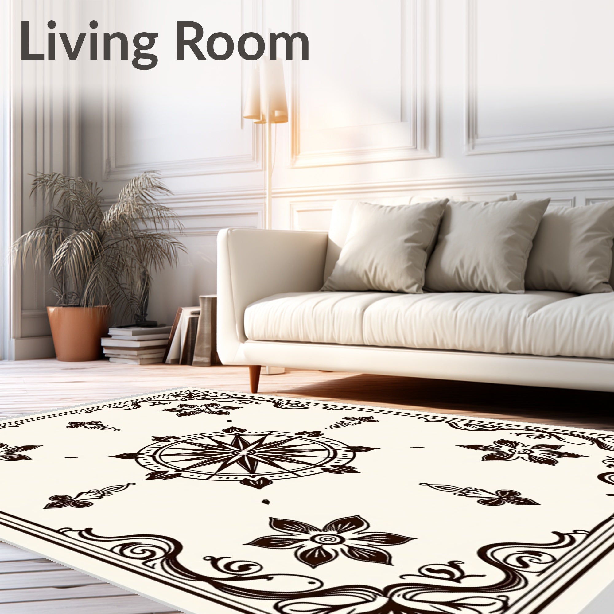 Dark Brown Compass Floral Corner Rug