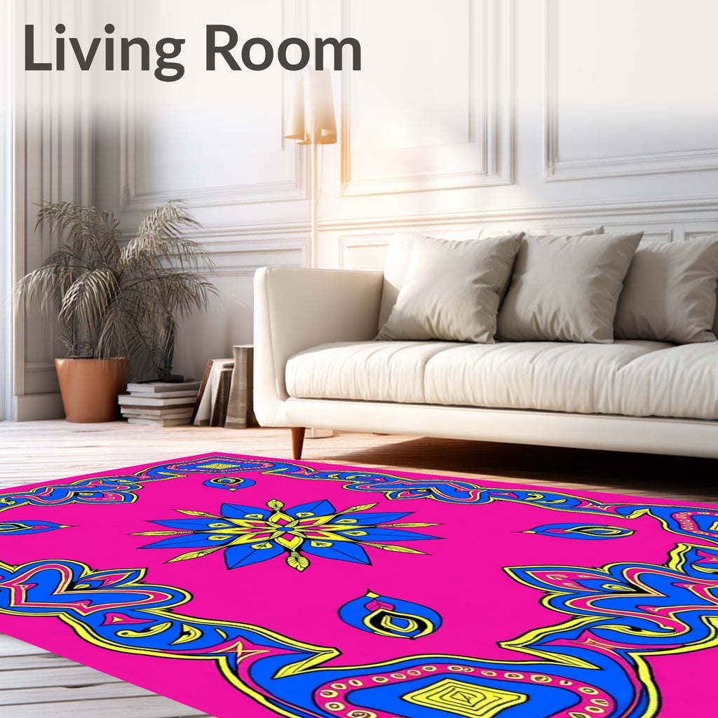 Vibrant Blue Yellow Pink Floral Frame Rug