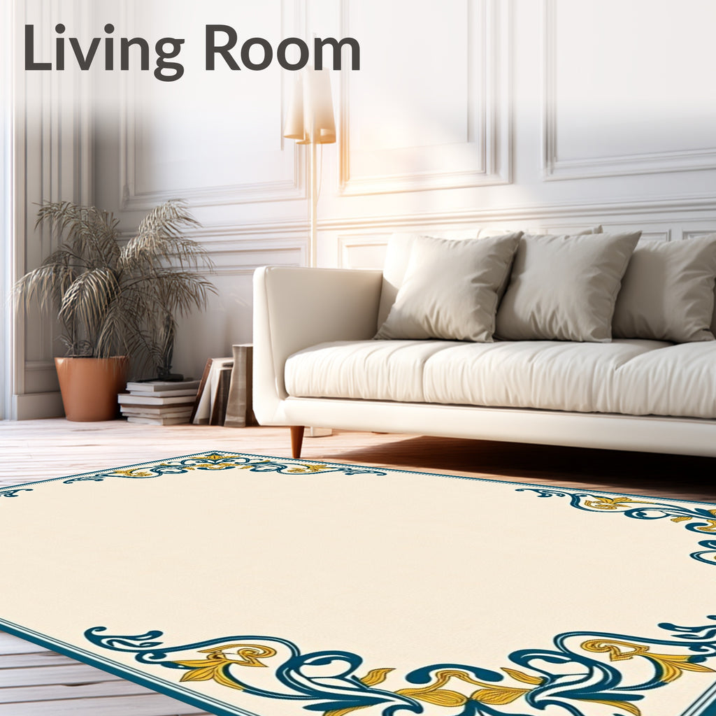 Ornate Teal Golden Filigree Corner Rug