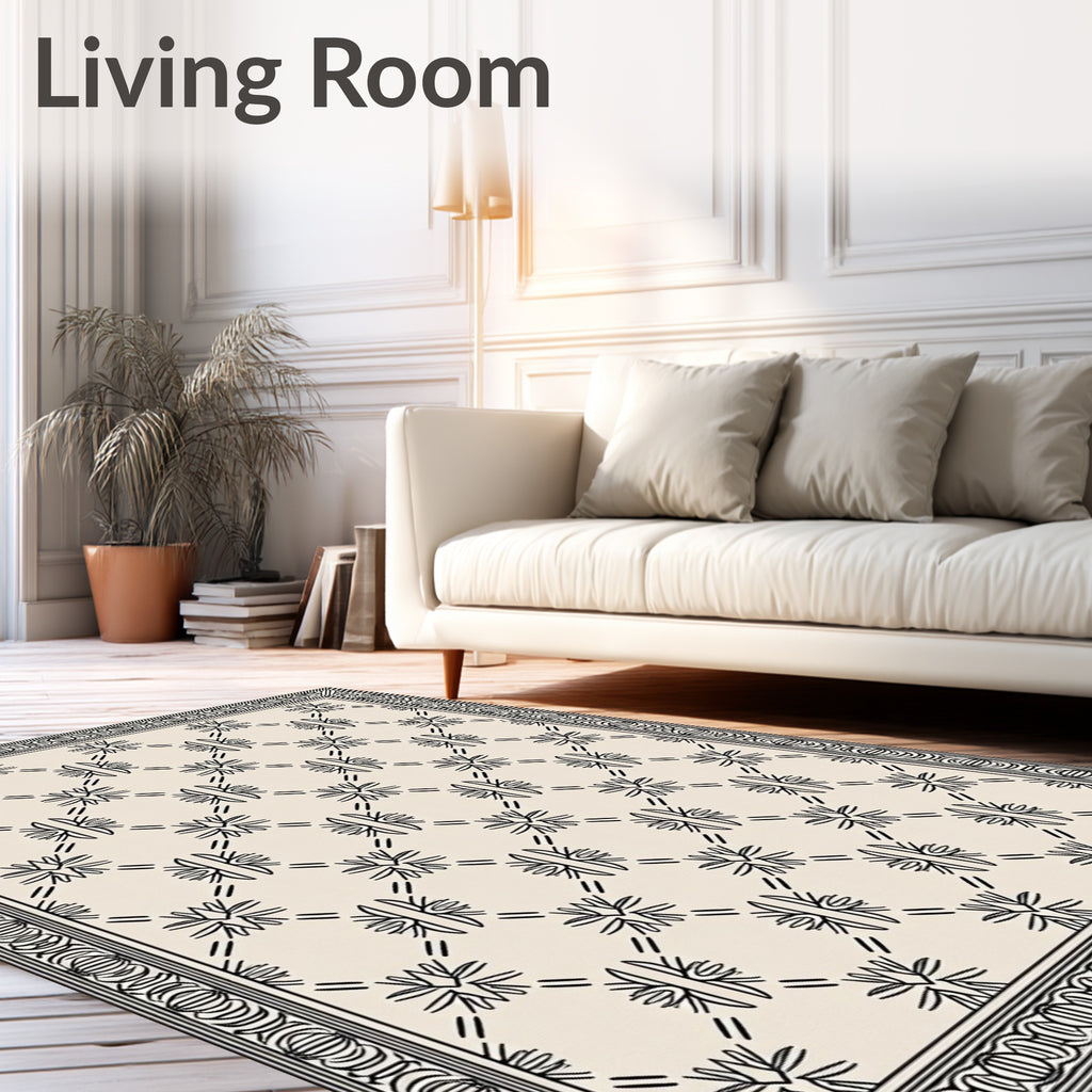 Minimalist Cream Floral Diamond Border Rug