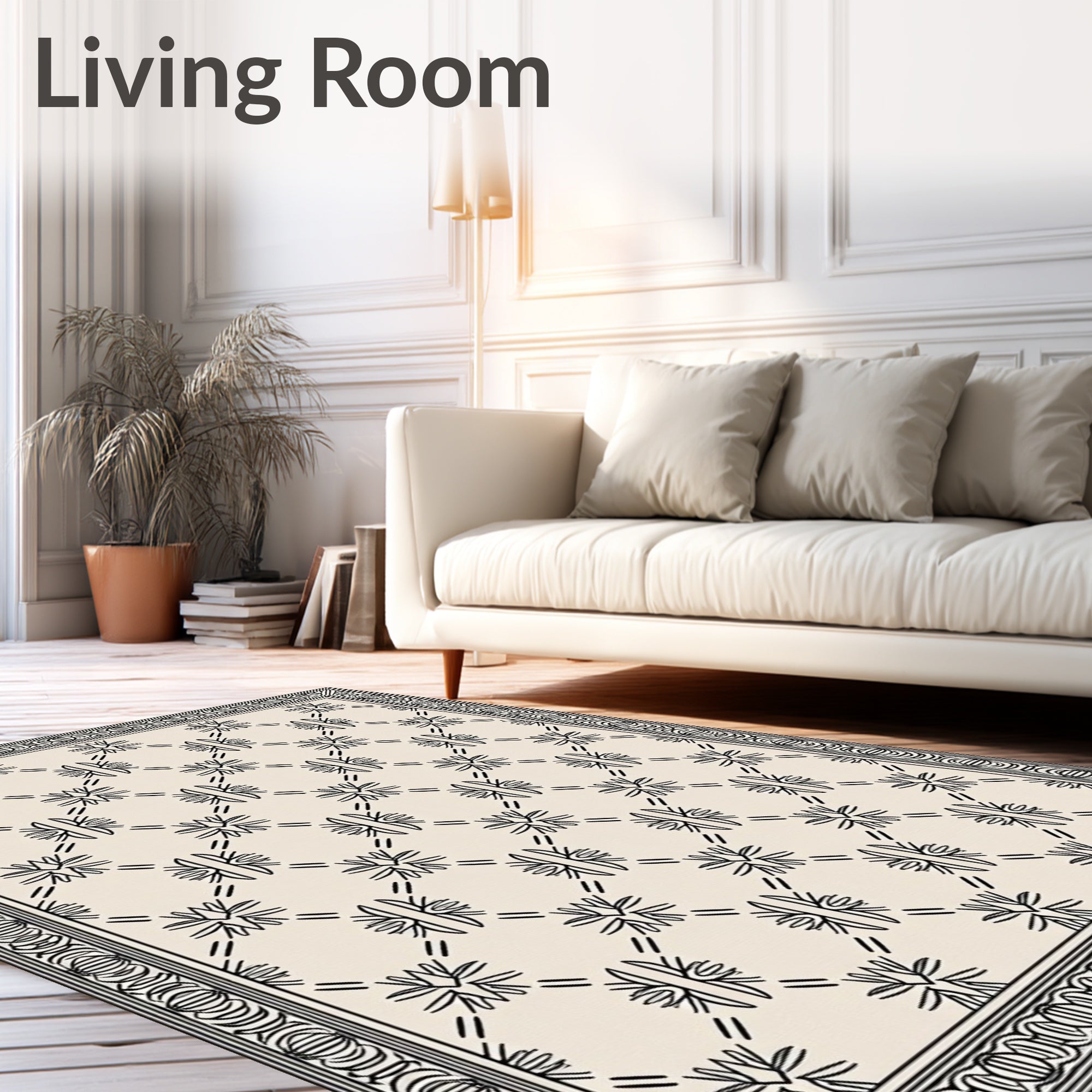 Minimalist Cream Floral Diamond Border Rug