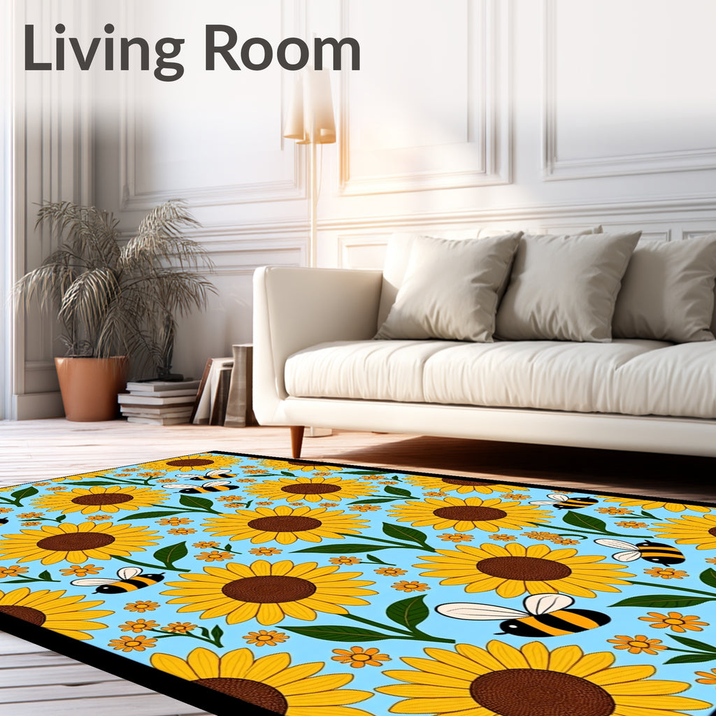 Golden Sunflowers and Bees Sky Blue Rug