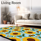 Golden Sunflowers and Bees Sky Blue Rug