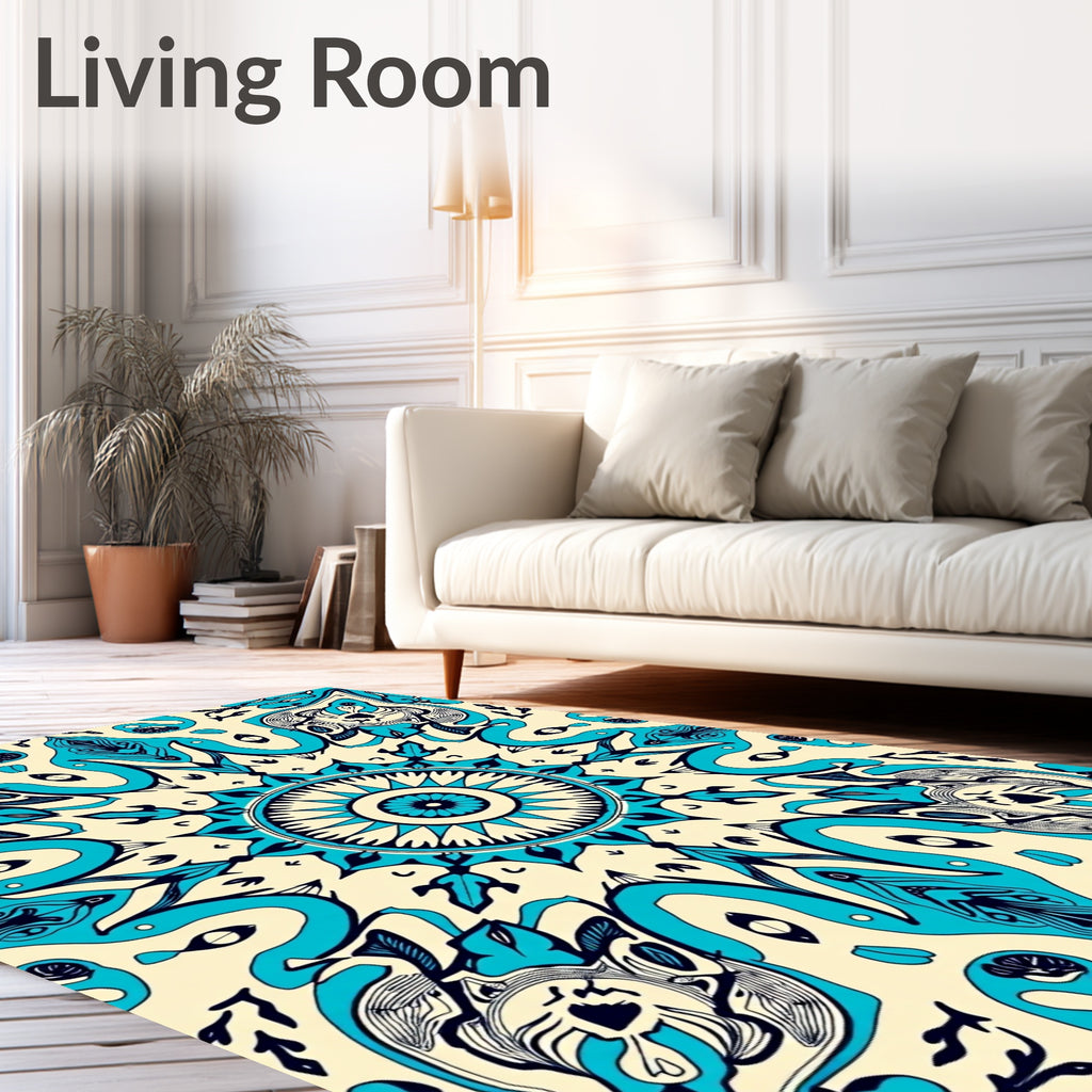 Cream Teal Abstract Radial Mandala Rug