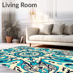 Cream Teal Abstract Radial Mandala Rug