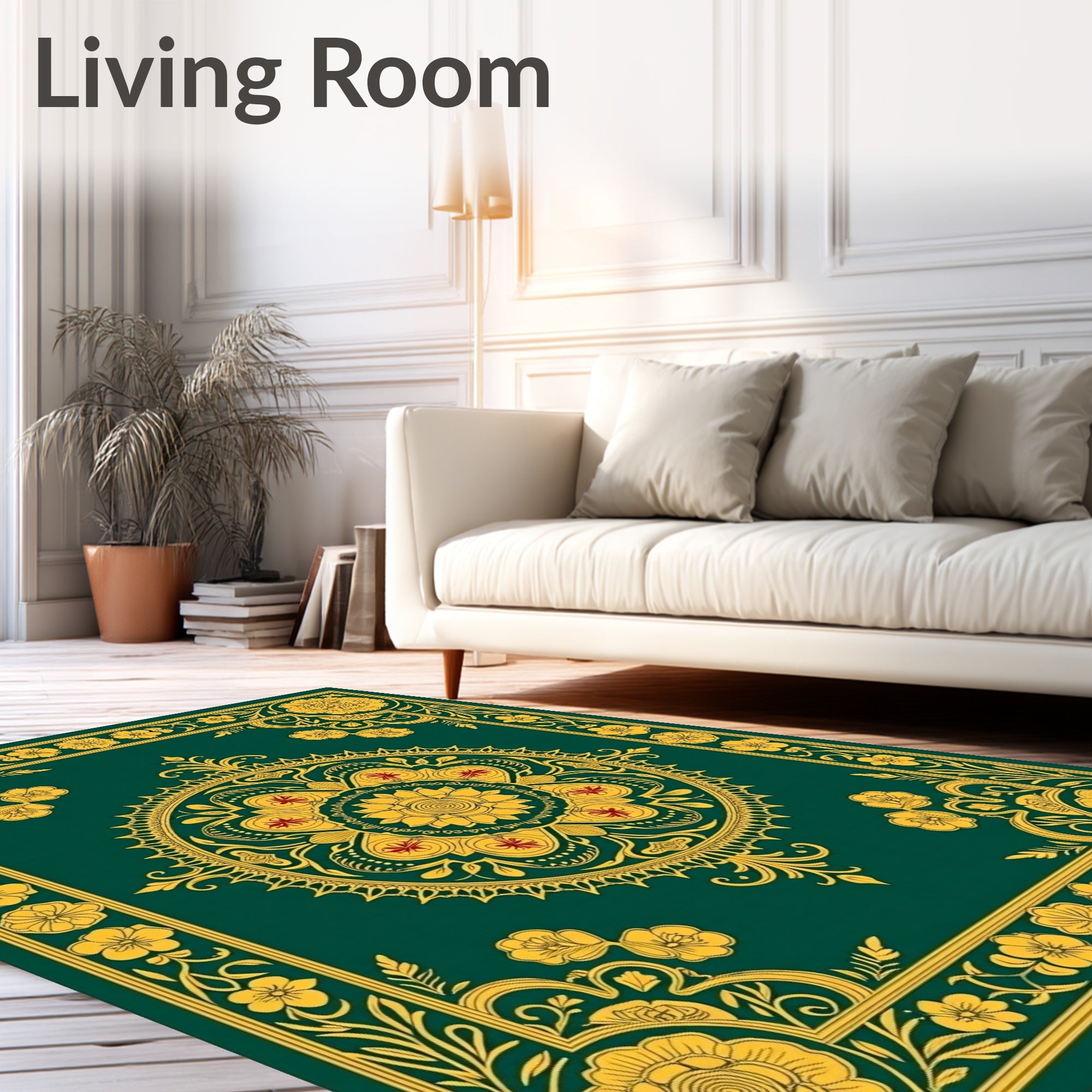 Emerald Golden Floral Intricate Mandala Rug