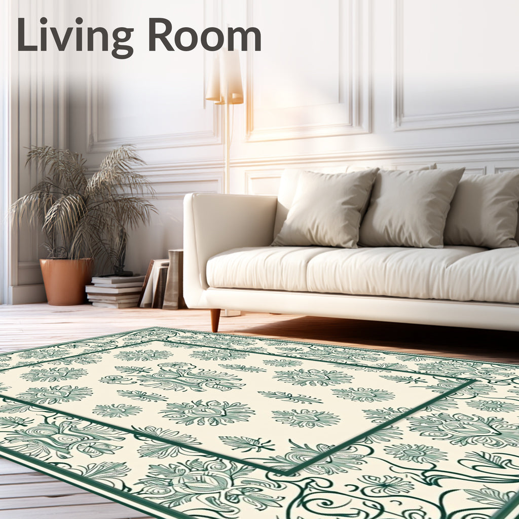 Ornate Green Floral Cameo Scrollwork Rug