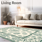 Ornate Green Floral Cameo Scrollwork Rug