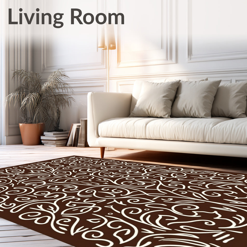 Chocolate cream ornate vine scrollwork Rug