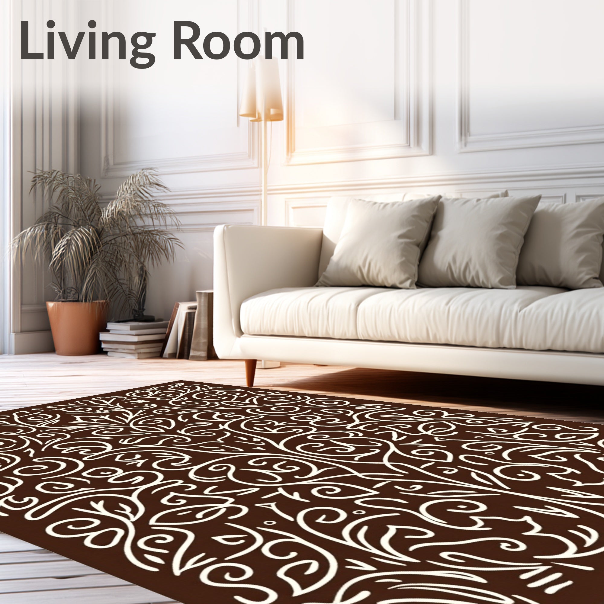 Chocolate cream ornate vine scrollwork Rug