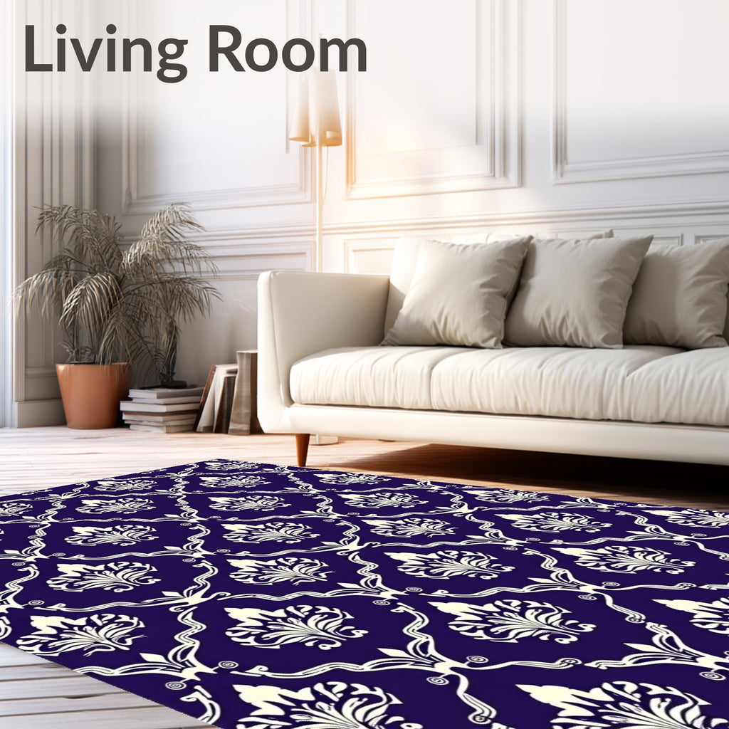 Rich Indigo White Damask Scroll Rug