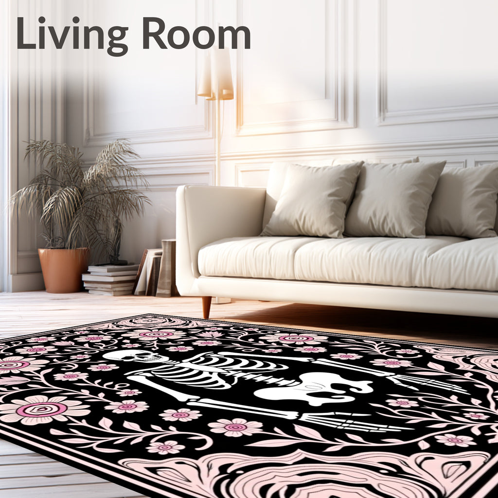 Whimsical Pink Floral Skeleton Garden Rug