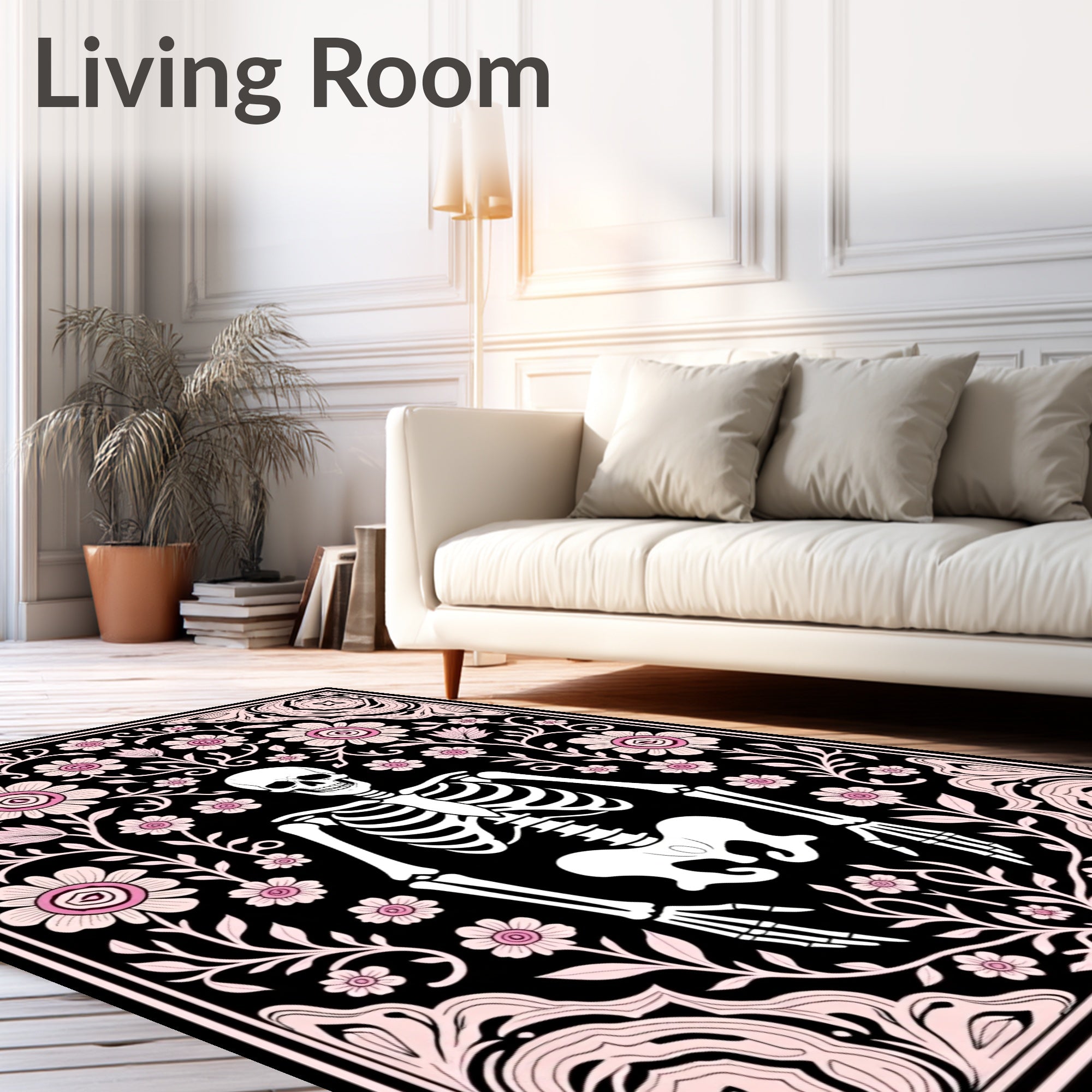 Whimsical Pink Floral Skeleton Garden Rug