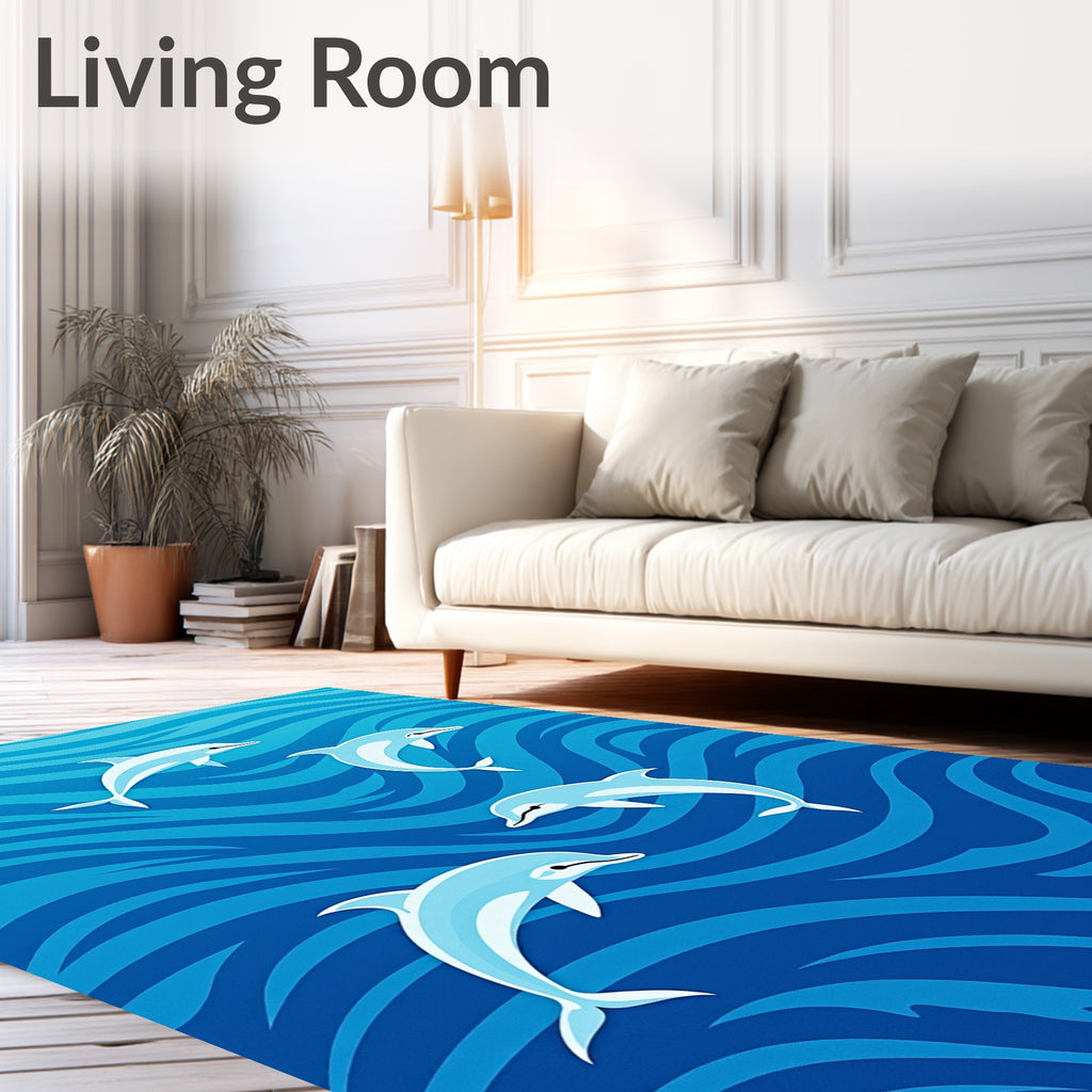 Playful Blue Dolphin Ocean Waves Rug