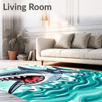 Aggressive Shark in Teal Blue Waves Rug