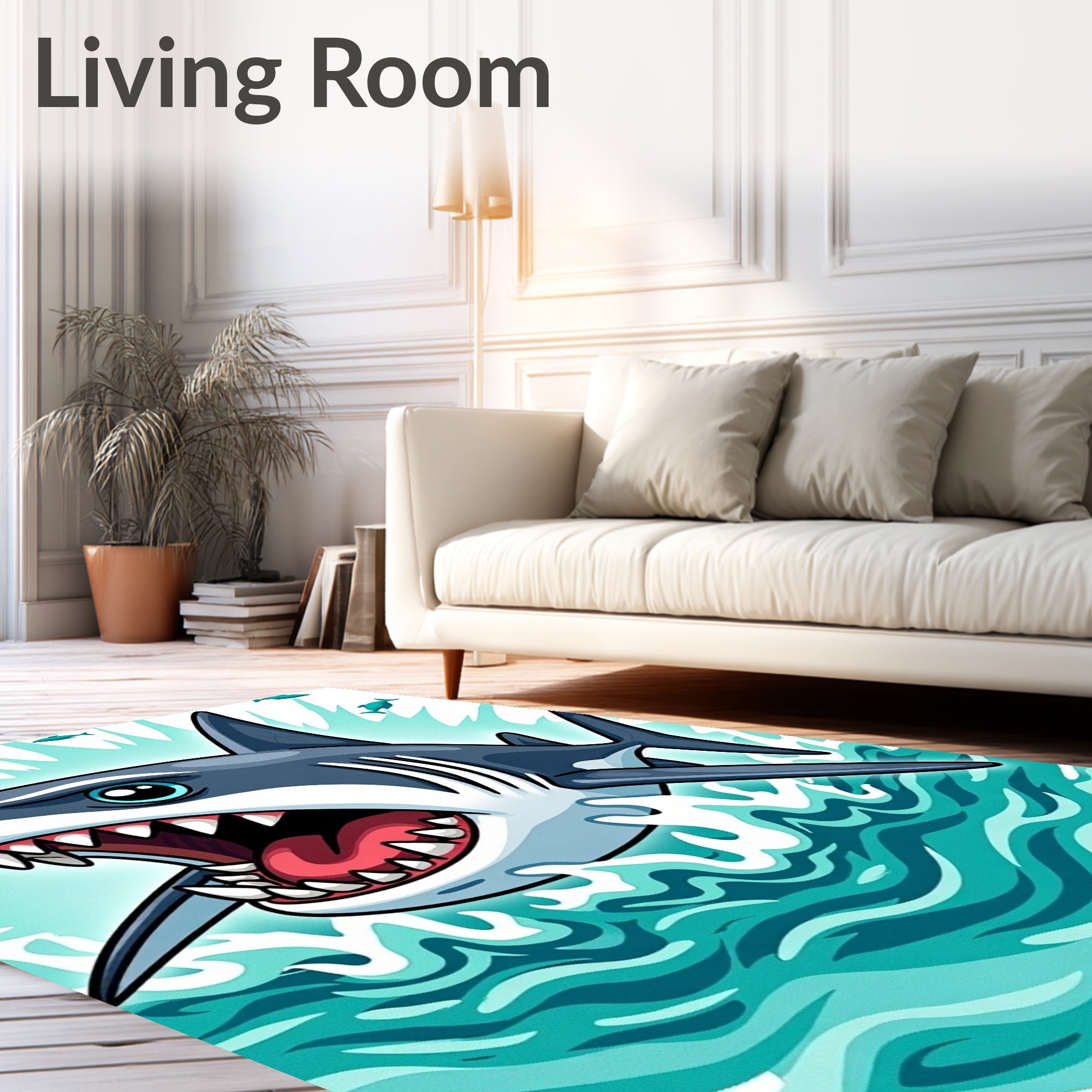 Aggressive Shark in Teal Blue Waves Rug