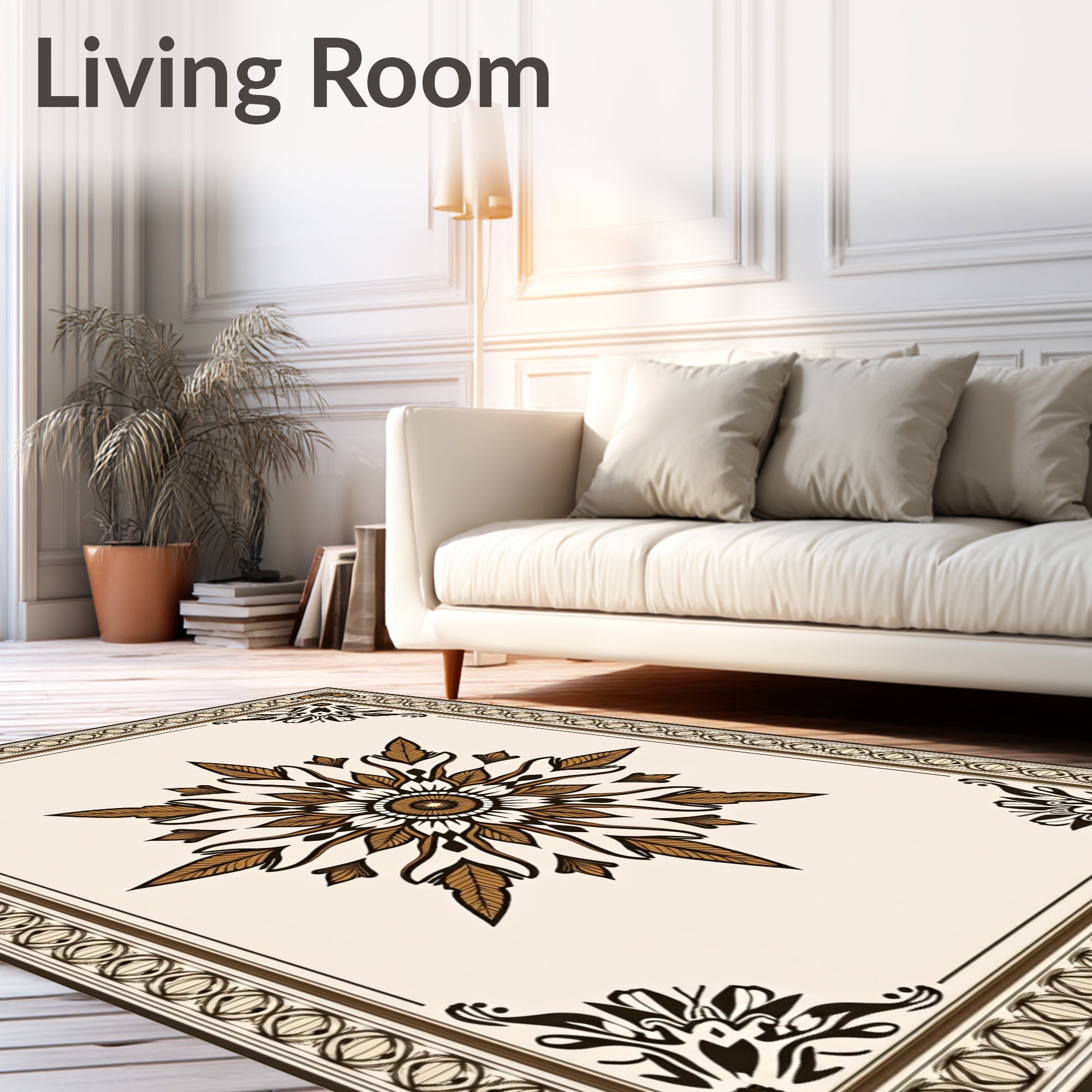 Earthy Brown Floral Medallion Border Rug
