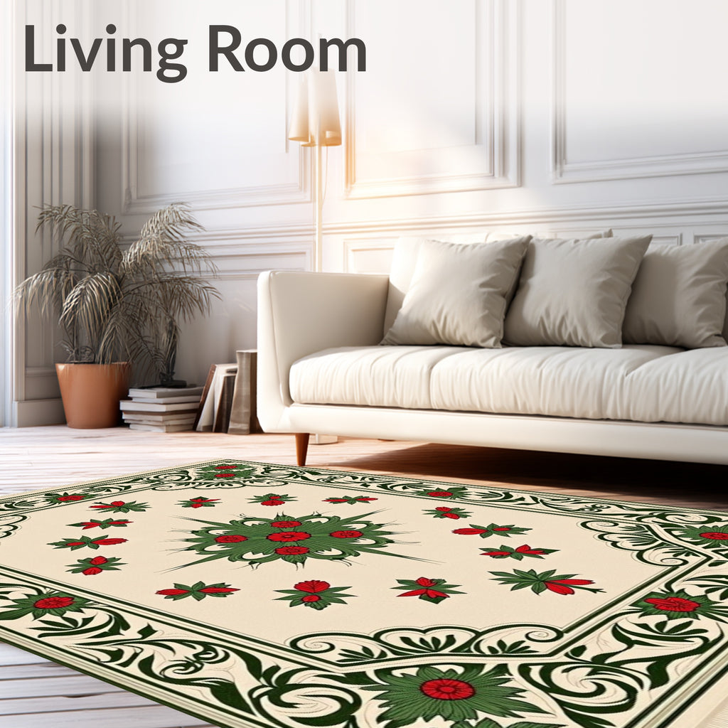 Cream Red Green Floral Scroll Border Rug