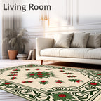 Cream Red Green Floral Scroll Border Rug