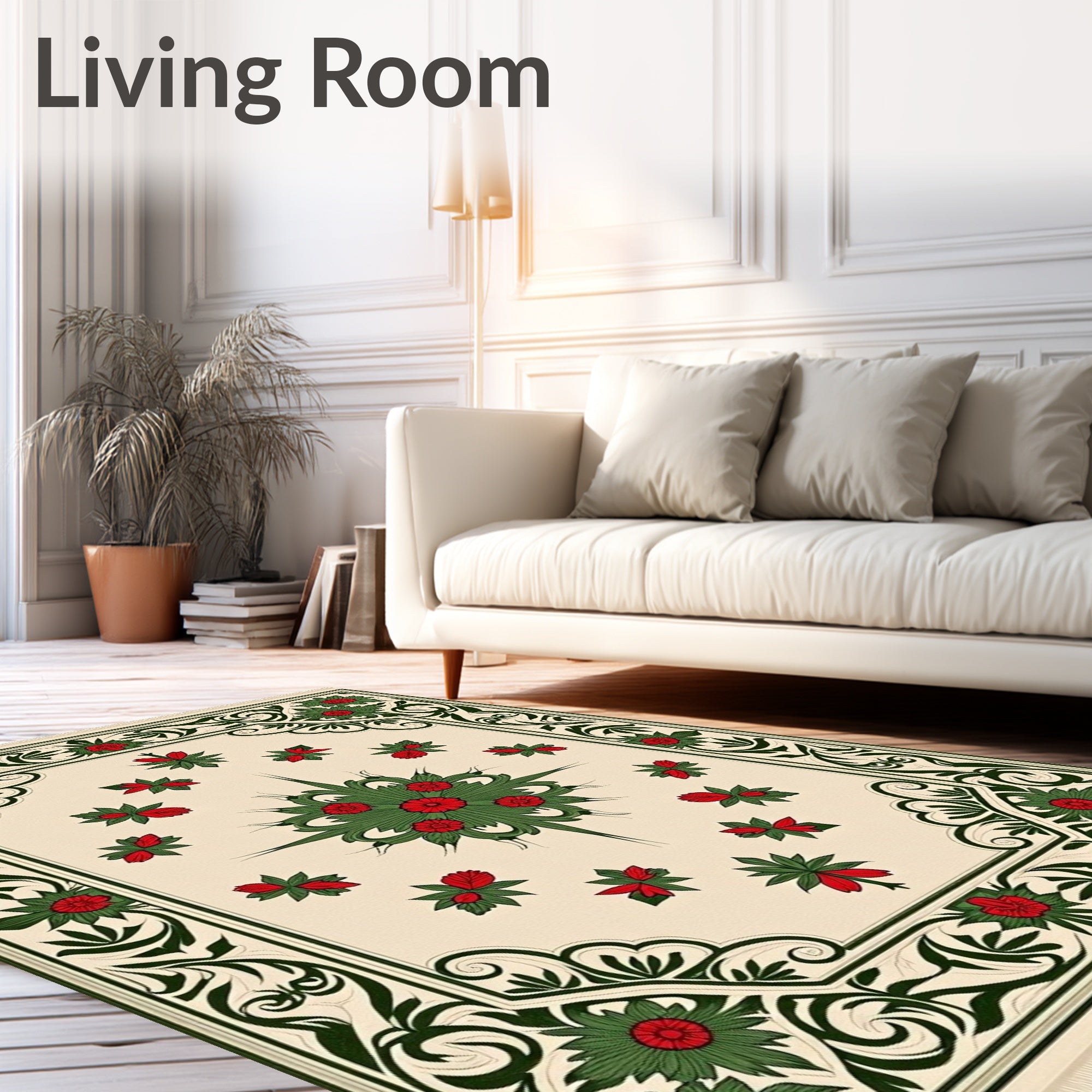 Cream Red Green Floral Scroll Border Rug