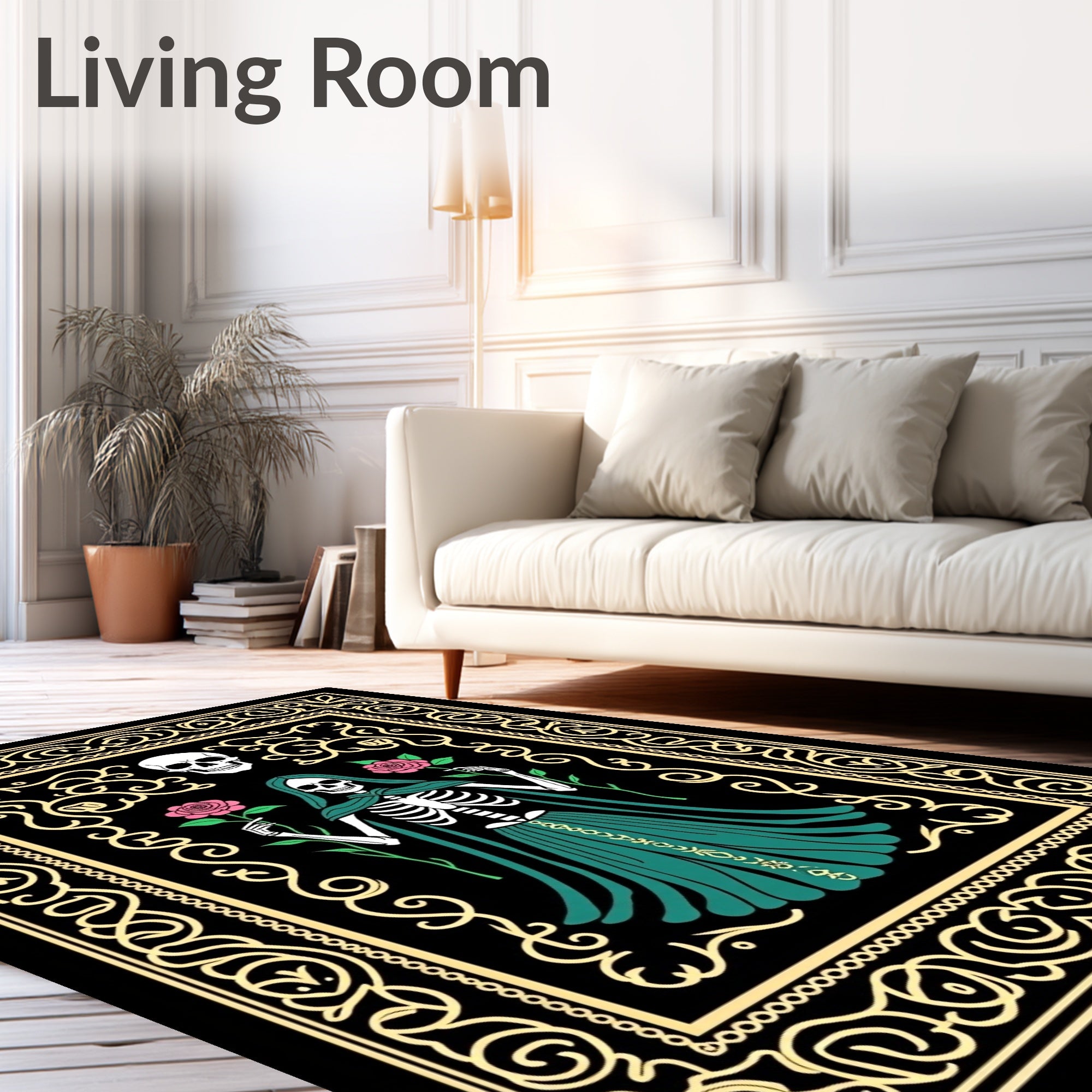 Grim Reaper Teal Roses Black Frame Rug