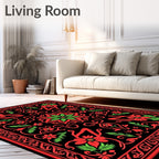 Crimson Floral Swirls Black Rug